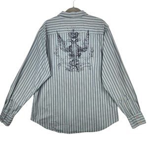 Guess Mens XXL Button Up Shirt Striped White Blue Long Sleeve Graphic Print Back